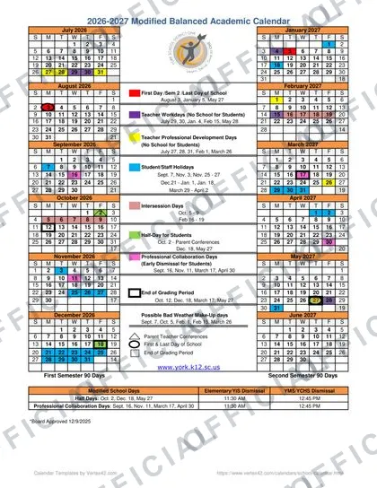 York School District 1 2026-27 calendar