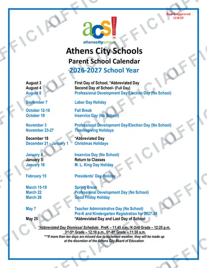 Athens City Schools Rev V1 2026-27 calendar