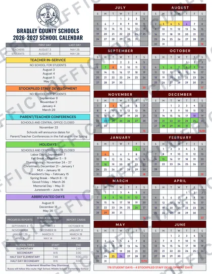 Bradley County Schools 2026-27 calendar