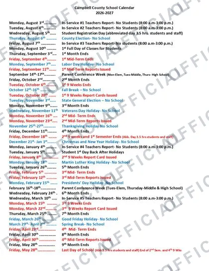 Campbell County School 2026-27 calendar