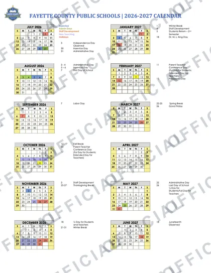 Fayette County Public Schools Rev V1 2026-27 calendar