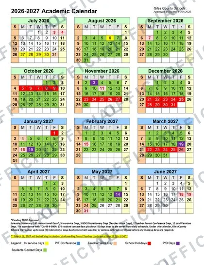 Giles County Schools 2026-27 calendar
