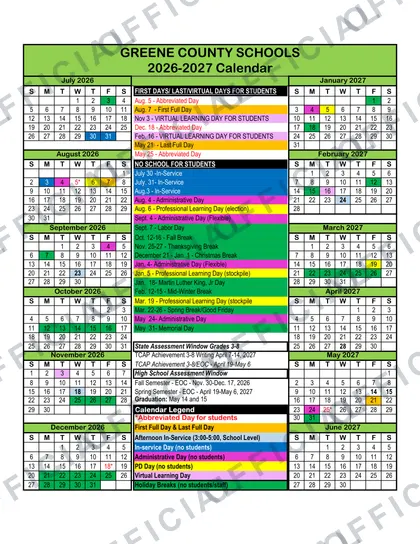 Greene County Schools Rev V1 2026-27 calendar
