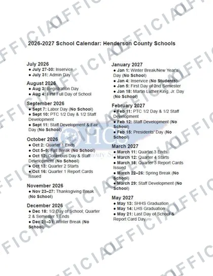 Henderson County Schools 2026-27 calendar