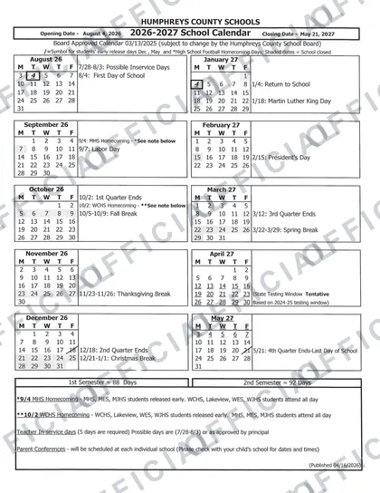 Humphreys County Schools Rev V1 2026-27 calendar