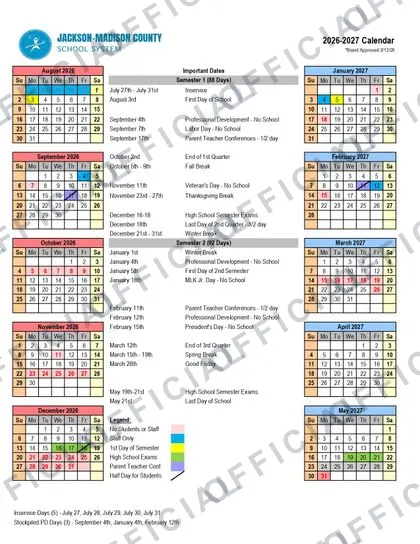 Jackson-Madison County School System 2026-27 calendar