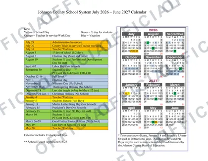 Johnson County School System 2026-27 calendar