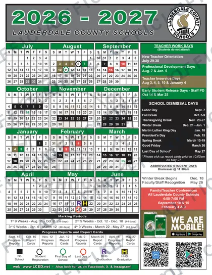 Lauderdale County Schools Rev V1 2026-27 calendar