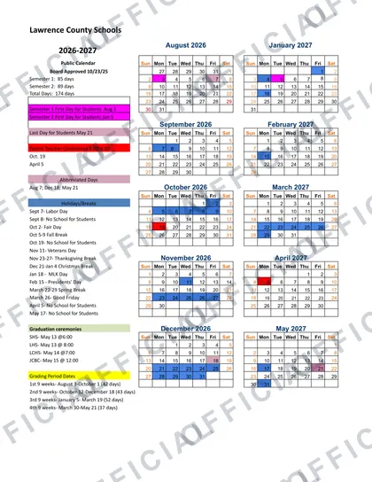 Lawrence County Schools 2026-27 calendar