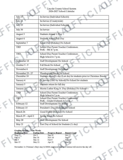 Lincoln County School System 2026-27 calendar