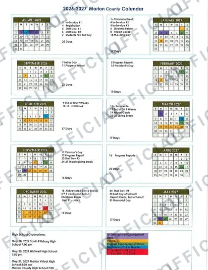 Marion County 2026-27 calendar
