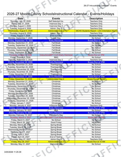 Moore County Schools Rev V1 2026-27 calendar