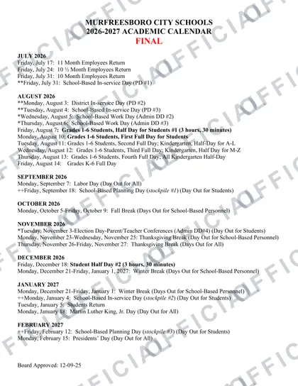 Murfreesboro City Schools 2026-27 calendar