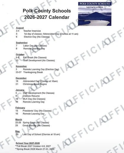 Polk County Schools Rev V1 2026-27 calendar