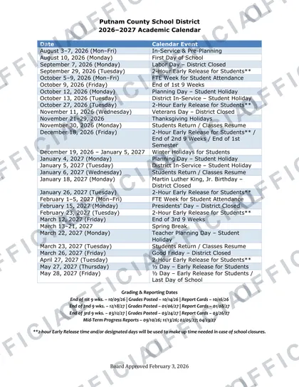 Putnam County TN School District School 2026-27 calendar