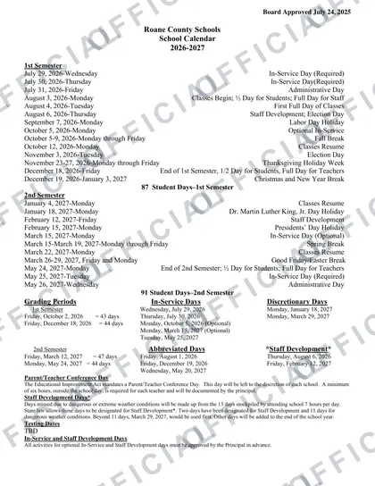 Roane County Schools School 2026-27 calendar