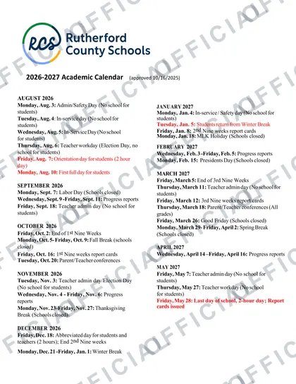 Rutherford County Schools 2026-27 calendar