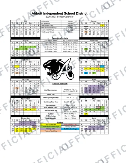 Abbott Independent School District 2026-27 calendar
