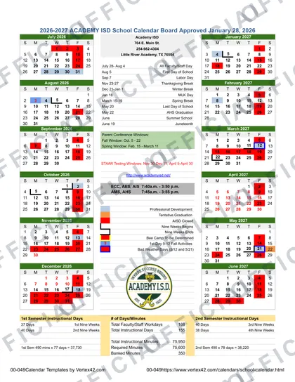 Academy ISD 2026-27 calendar