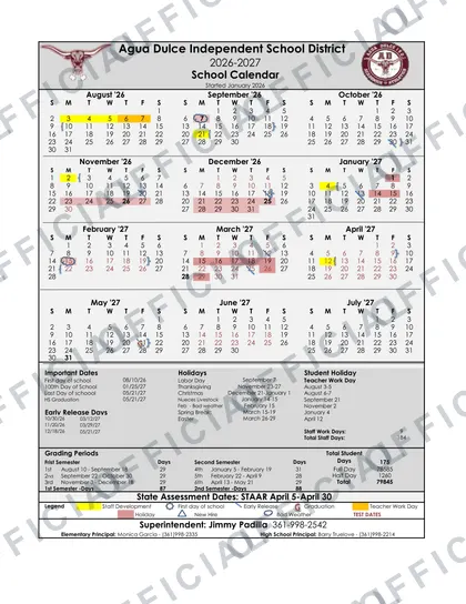 Agua Dulce Independent School District 2026-27 calendar