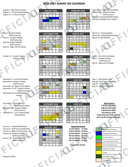 Albany ISD 2026-27 calendar