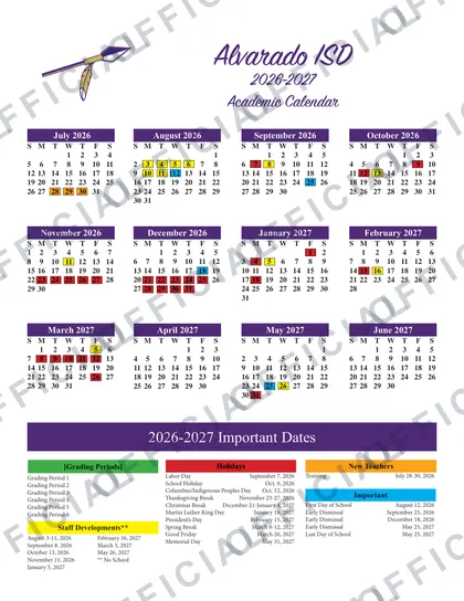 Alvarado ISD School 2026-27 calendar