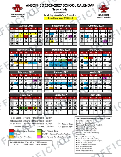 Anson ISD 2026-27 calendar