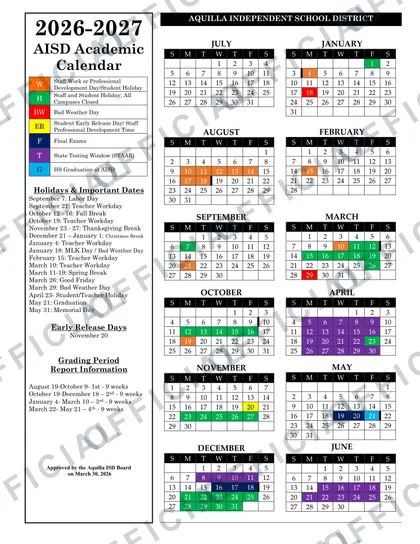 Aquilla Independent School District 2026-27 calendar