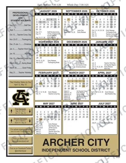 Archer City Independent School District 2026-27 calendar