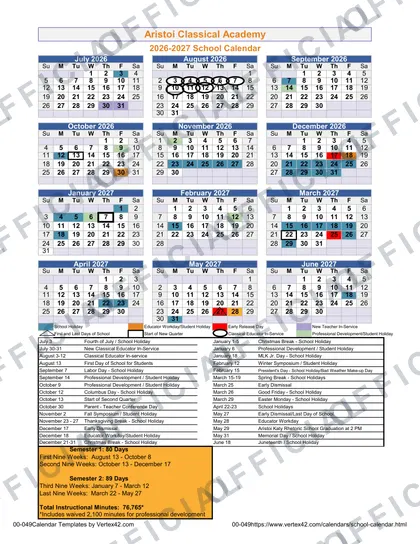 Aristoi Classical Academy 2026-27 calendar