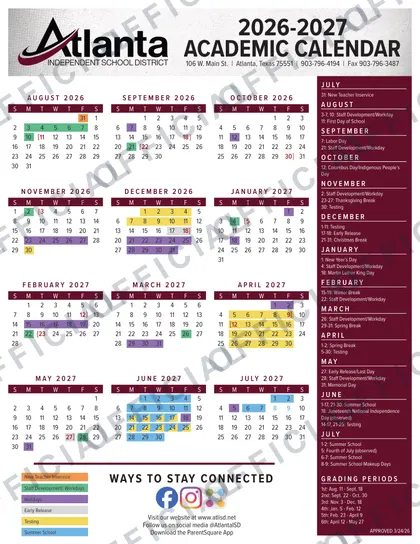 Atlanta Independent School District 2026-27 calendar