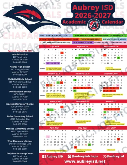 Aubrey ISD Independent School District 2026-27 calendar