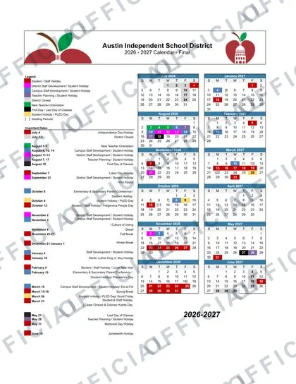 Austin ISD Independent School 2026-27 calendar