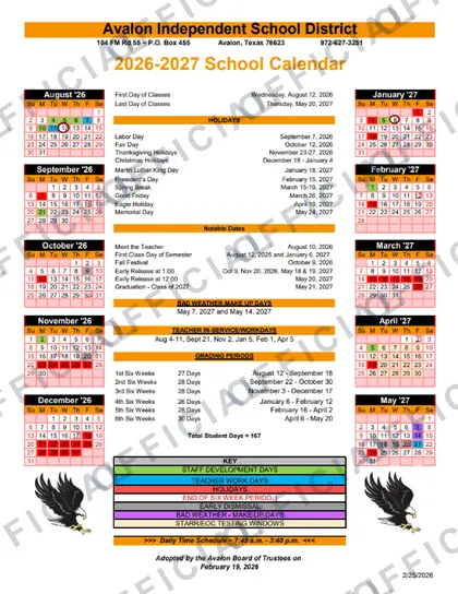 Avalon Independent School District 2026-27 calendar