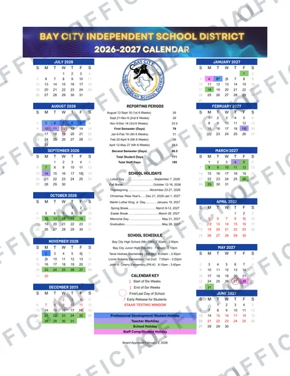 Bay City Isd School 2026-27 calendar