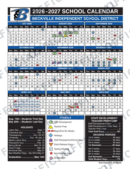 Beckville Independent School District 2026-27 calendar