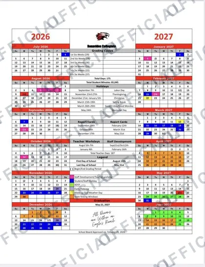 Benavides Collegiate 2026-27 calendar