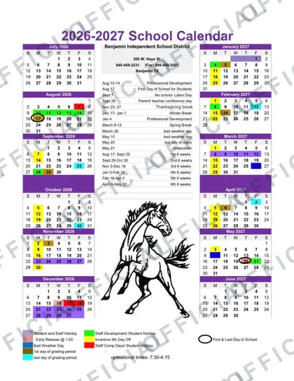 Benjamin Independent School District 2026-27 calendar