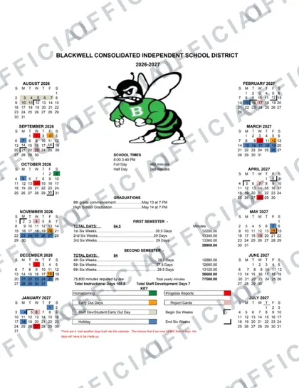 Blackwell Consolidated Independent School District 2026-27 calendar