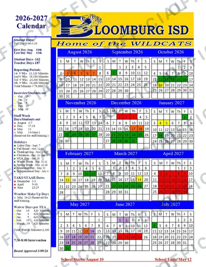 Bloomburg ISD 2026-27 calendar