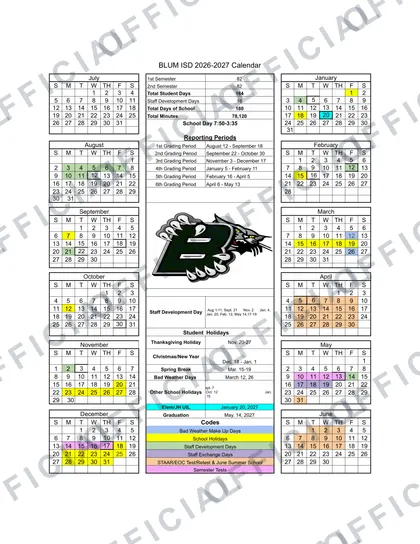 Blum ISD 2026-27 calendar