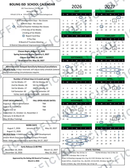 Boling ISD 2026-27 calendar
