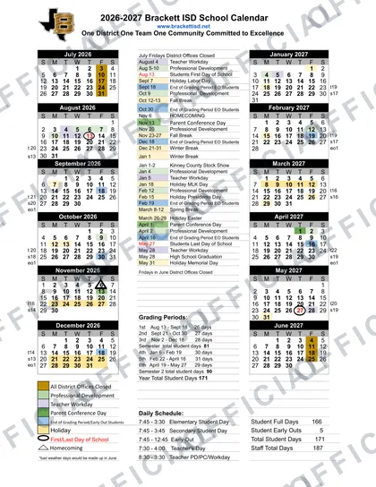 Brackett ISD 2026-27 calendar