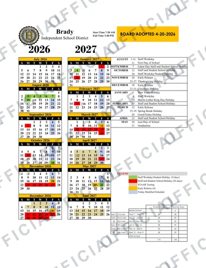 Brady Independent School District 2026-27 calendar