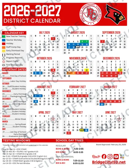 Bridge City Independent School District 2026-27 calendar