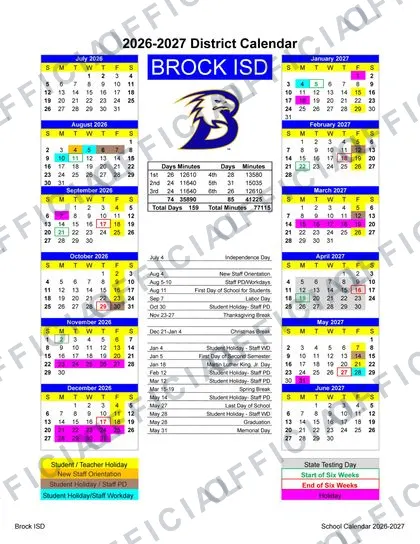 Brock ISD 2026-27 calendar