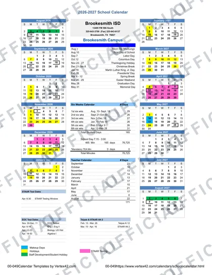 Brookesmith ISD 2026-27 calendar