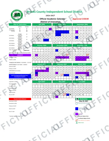 Brooks County Independent School District 2026-27 calendar