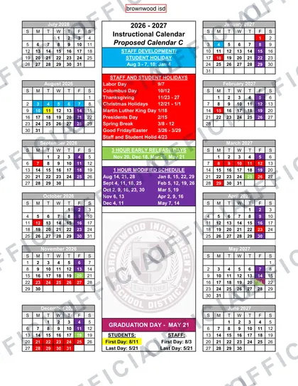 Brownwood ISD 2026-27 calendar