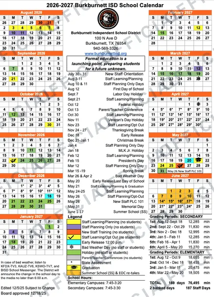Burkburnett ISD 2026-27 calendar